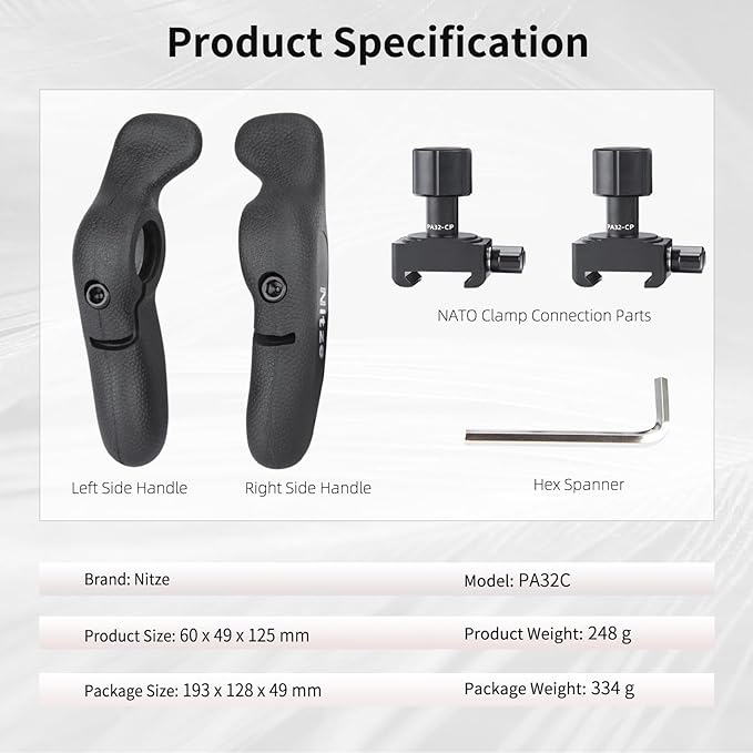 Nitze Side Handle Kit with NATO Clamp, 360° Adjustable NATO Side Handles for Smartphone/iPad/Monitor/Camera Cages - PA32C
