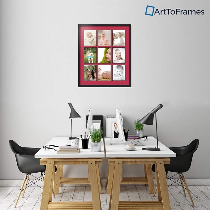 ArtToFrames Collage Photo Frame Double Mat with 9-8x10 Openings with Satin Black Frame and Rouge mat.