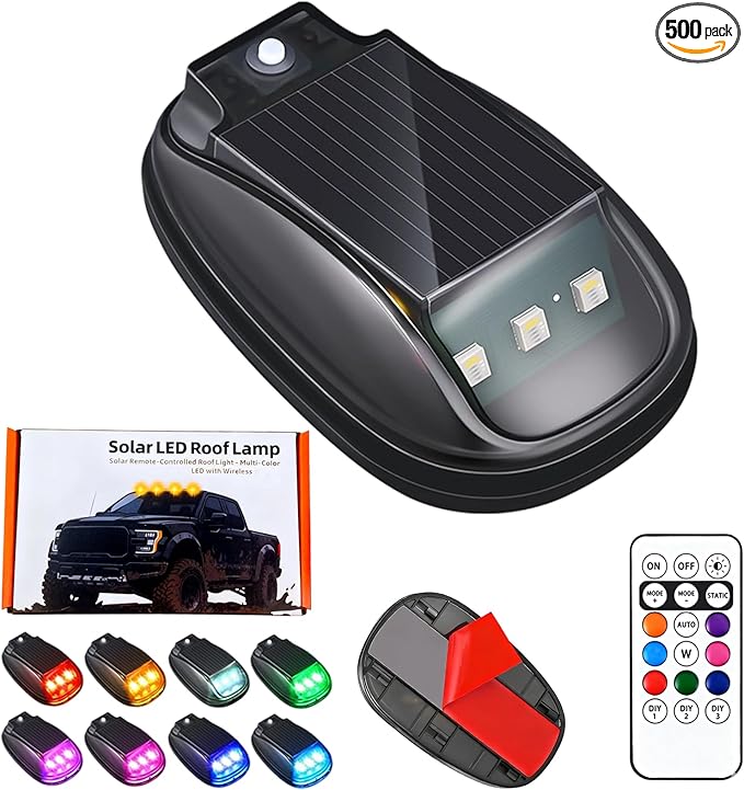 2026 New Solar Car Roof RGB Strobe Light with Remote Control, Waterproof Interior Car Lights 8 Colors Wireless LED Strobe Lights for Trucks, Motorcycle, Vehicle, Night Driving (1pc)