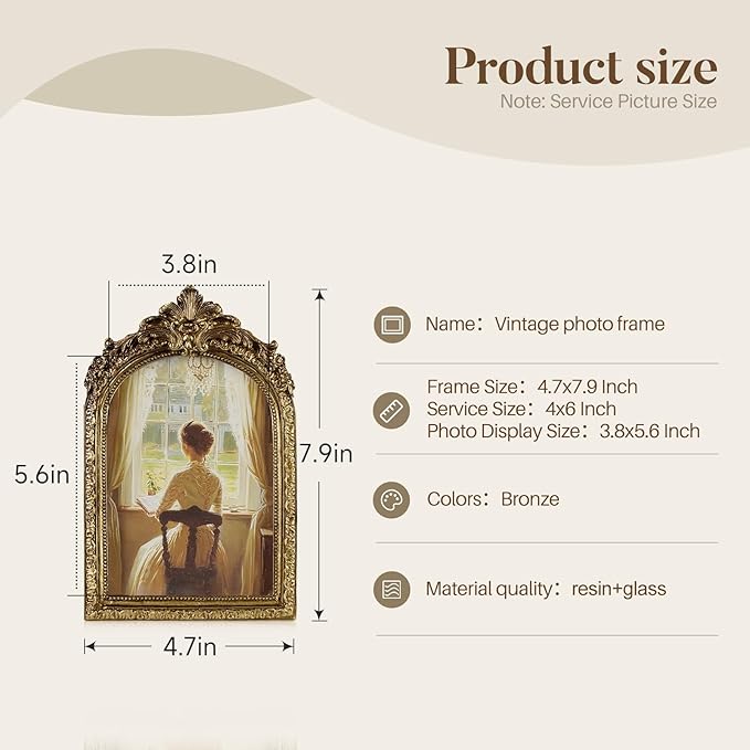 Cuspin 4x6 Picture Frame Arched Vintage Frame, Gold Ornate Resin Frames with Plexiglass Front for Wall Mounting and Tabletop Display, Antique Photo Frame Retro Home Decor