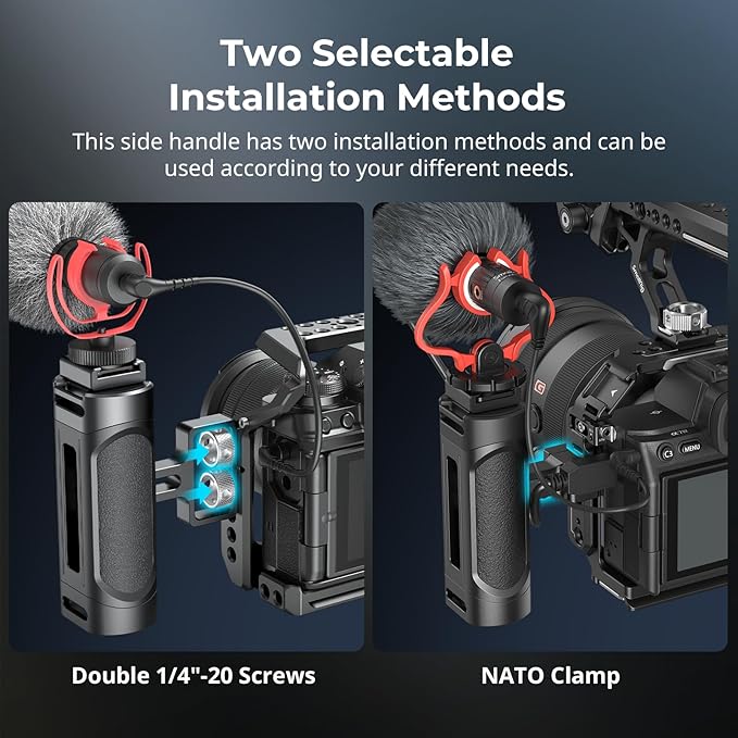 SmallRig Mini Camera Side Handle with NATO and 1/4"-20 Screws Installation Options, for Left and Right Hand, with 1/4"-20 Threaded Holes, Wrist Strap Holes, Cold Shoe, Up and Down Adjustable