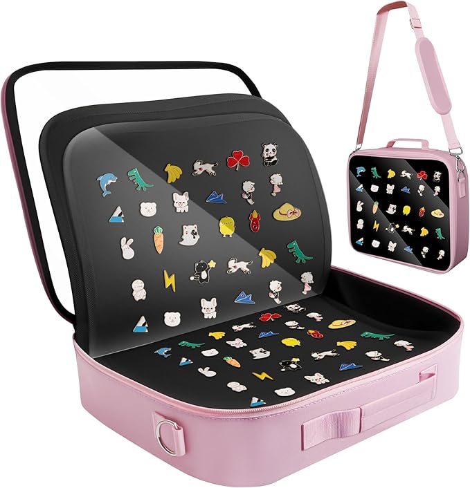 Large Enamel Pin Display Book - 20 Page Pin Book for Collector, Travel Pin Board Carrying Case with Handle & Strap for Brooch Pin Lover, Pin Holder Trading Book for Pins, Brooches, Sports Medals, Pink