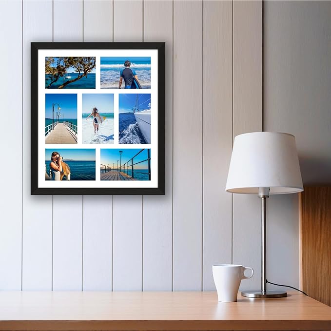 4x6 Picture Frame Collage 7 Openings, 13.5"x15.5" Multi Photo Collage Frame 4"x6" Gallery Wall Decor Wooden, Black Frame with White Mat, Wood