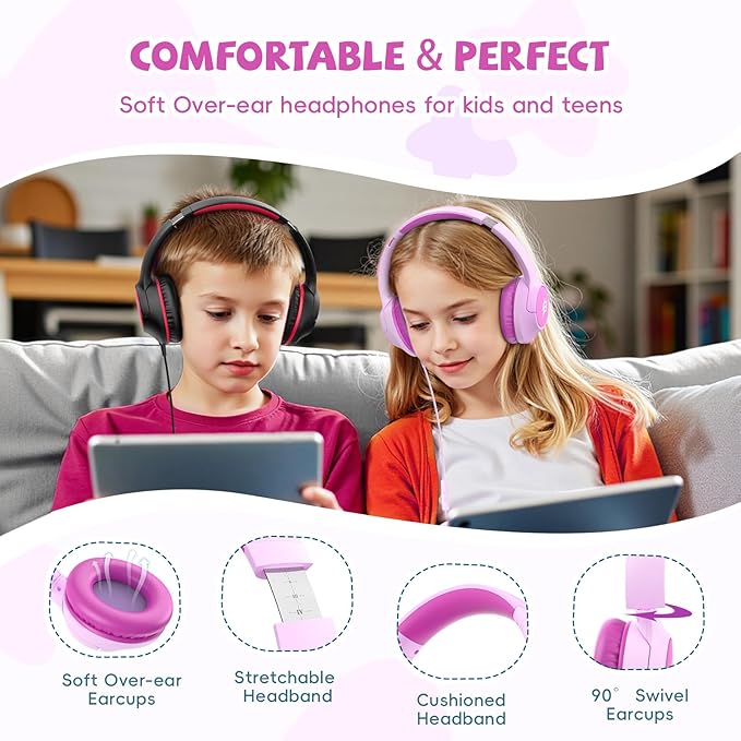 Kids Headphones Wired with USB C Plug, 85/94 dB Volume Limit, USB Type C Headphones for Kids Boys Girls, Foldable Stereo Sound Over Ear Wired Headphones for School/Tablet/Travel, Fuscia Pink