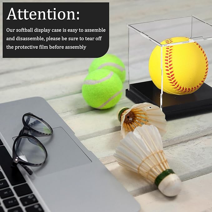 Baderke 1 Pcs Softball Display Case Acrylic Softball Baseball Stand Holder UV Protected Memorabilia Ball Box Clear Display Cube for Sports Ball Storage (Remove The Protective Film Before Use)