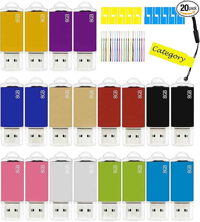 8GB USB Flash Drive 20 Pack Nicepicten FAT32 USB Thumb Drive Memory Stick Jump Zip Drive USB 2.0 Flash Drives 8GB with Lanyard & Label (Mixcolor)