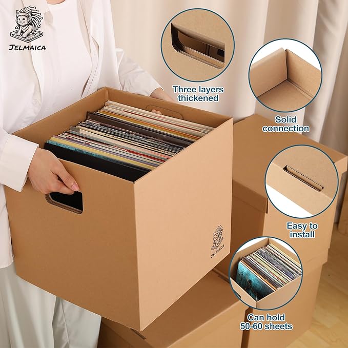 Jelmaica 12" Vinyl Record Storage and Moving Box - Sturdy Cardboard with Removable Lid - Holds up to 60 Records or Laser Discs - Set of 8 Boxes (8) (8)”