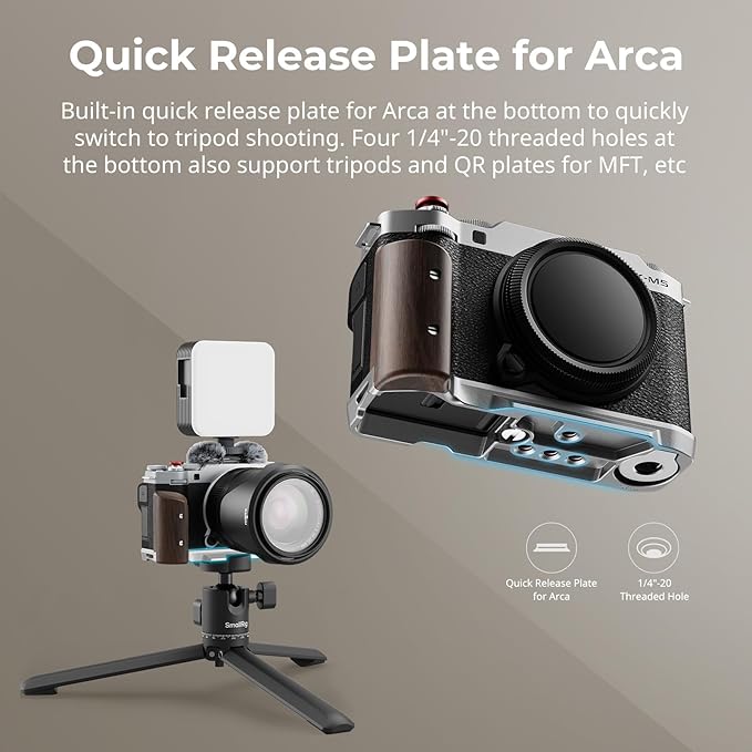 SMALLRIG X-M5 Wooden Handgrip L-Shape Grip for FUJIFILM X-M5, Built-in Quick Release Plate for Arca, Ergonomic Wood Side Handle, Include Windshield with Cold Shoe Adapter,Plate for Arca (Silver)-5261