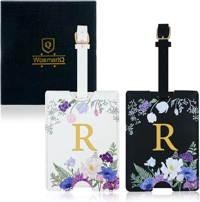 2 Pack PU Leahter Luggage Tags with PU Leather Straps, Fun Travel case Labels, Privacy-Protected ID Card Holders, Allowing for Quick Identification of Luggage and Easy locating of Your Bags (R)
