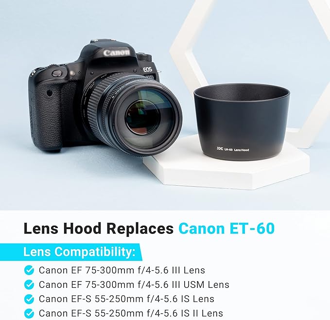 JJC Camera Lens Hood Shade Fits for Canon RF 75-300mm, EF 75-300mm f/4-5.6 III USM & EF-S 55-250mm f/4-5.6 is II Lens, Replaces Canon ET-60 Hood Reverse Attaching -Black