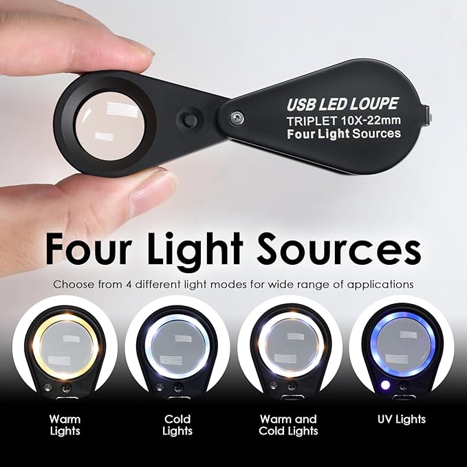 10X Jewelers Loupe with UV & LED Lights with Four Light Modes,22mm Portable Pocket Folable Loupe Jewelry Magnifier for Jewelry, Rocks, Coins (Black)
