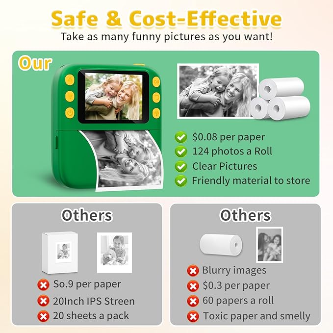 Instant Print Camera for Kids, Christmas Birthday Gifts for Girls Boys, 1080P Instant Digital Print Cameras for Toddler,Portable Toy for 4 5 6 7 8 9 10 Year Old Girl with 32GB SD Card，Green