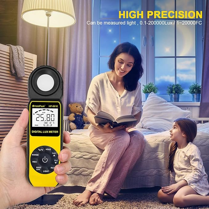 HOLDPEAK Digital Light Meter, Digital Illuminometer/Light Meter with 1~300,000 Lux (1~30,000 FC) Measuring Ranges and 270° Rotated Sensor for LED Lights and Plants Lumen Meter, 881E