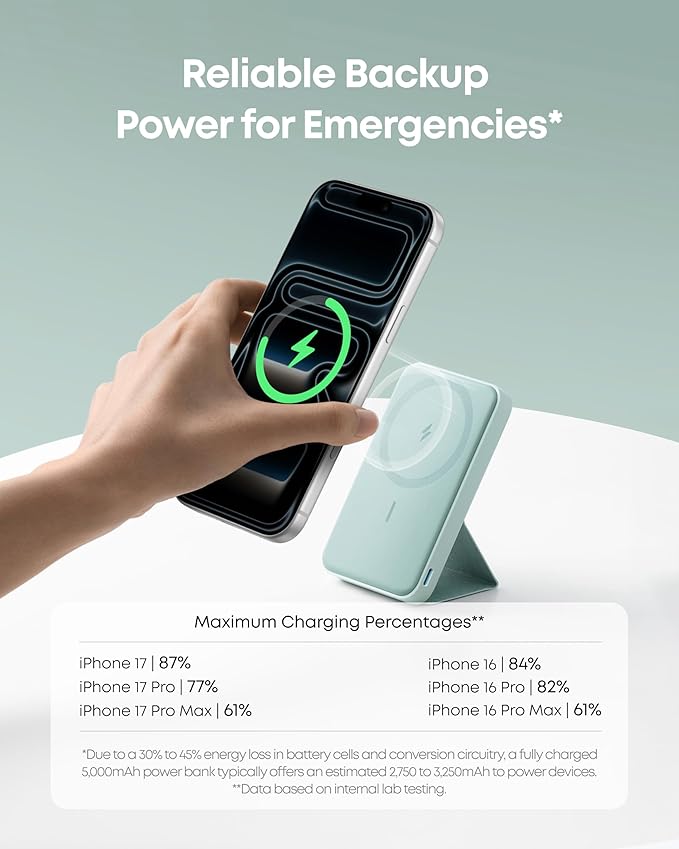 Anker 622 Magnetic Battery (MagGo), 5,000mAh Foldable Magnetic Wireless Portable Charger with Stand and USB-C Port (On The Side), Magsafe-Compatible for iPhone 16/15/14/13 Series