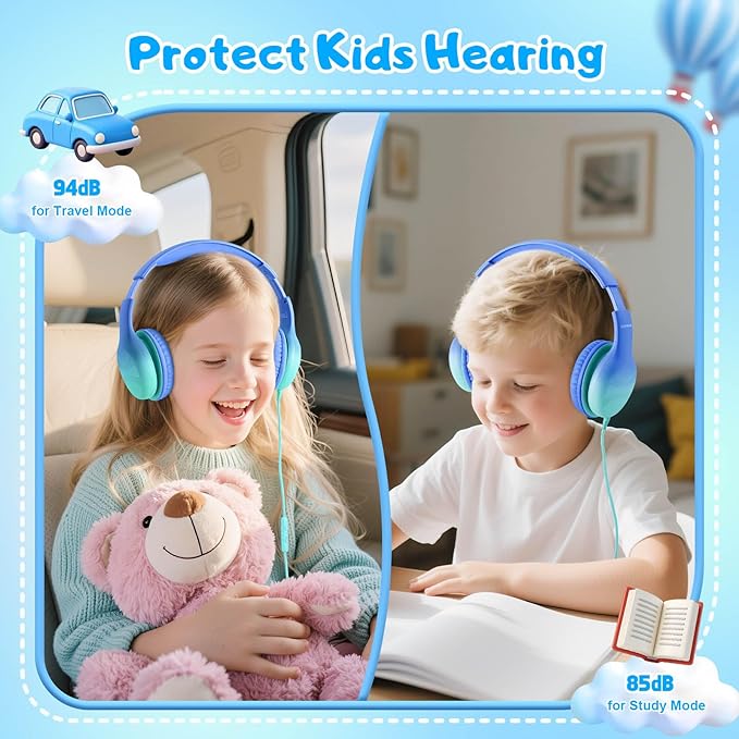 Kids Headphones, Wired Headphones for Kids with Microphone 85/94dB Volume Limit, Stereo Sound Portable Over Ear Headphones for School/Travel/Tablet/iPad, Gradient Blue