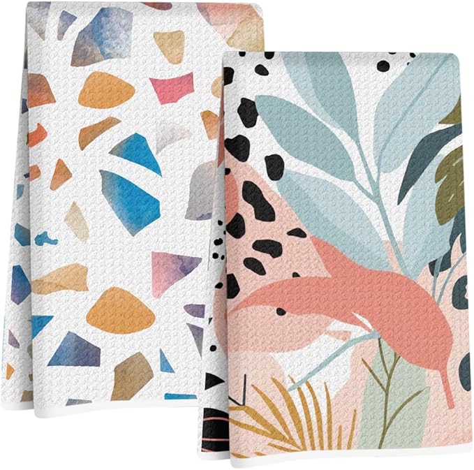 2Pcs Boho Palm Leaves Kitchen Towels 24x14 Inch, Colorful Geometric Pattern Hand Towels for Kitchen Home Decor, Absorbent Microfiber Dish Cloth Tea Towel, Housewarming Gifts for Women