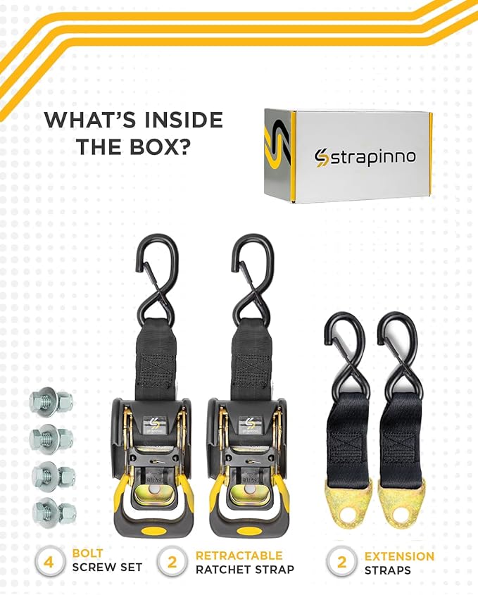 Strapinno 2PCS Retractable Ratchet Straps (1 7/8 in x 4 ft) Heavy Duty Transom Tie Downs with Extension Straps, Bolt Set & Safety Latch S-Hooks,for Boat,ATV, Trailers, Break Strength 3,000LBS/1,360KG