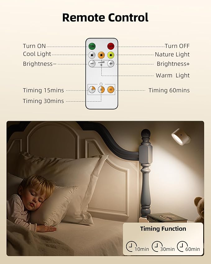 LED Wall Mounted Lights, Rechargeable Wall Sconces Lamp, 3 Color Temps & Remote and Touch, 360°Rotation Dimmable Cordless Wall Light for Study Bedroom Reading Bedside(White, 1 Pack)