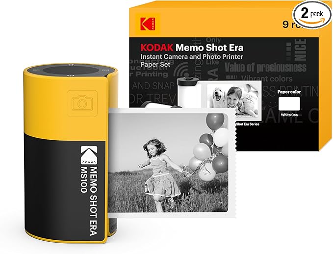 KODAK Memo Shot ERA Kids Instant Digital Camera and Photo Label Printer (Yellow, Camera + 10 Rolls)