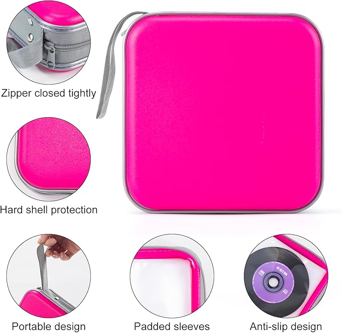 alavisxf xx 48 Capacity Hard Plastic DVD Case Portable Zipper CD Case Holder Large Storage Disc Wallet Bag for Car Home Travel (Hot Pink)