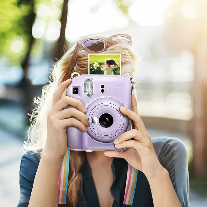 Fintie Protective Clear Case for Fujifilm Instax Mini 12 Instant Camera - Crystal Hard Shell Cover with Upgraded Film Pocket for Storing Photos & Removable Shoulder Strap