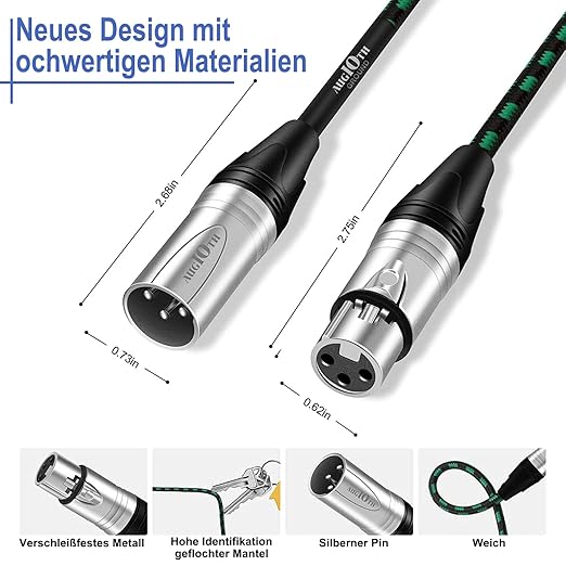 XLR to XLR Pro Mic Cable 3 Ft 2-Pack Male to Female XLR Cable 3-pin Green Balanced Shielded Microphone Cable for Amplifier Mixer,Speaker Systems,Recording Studio