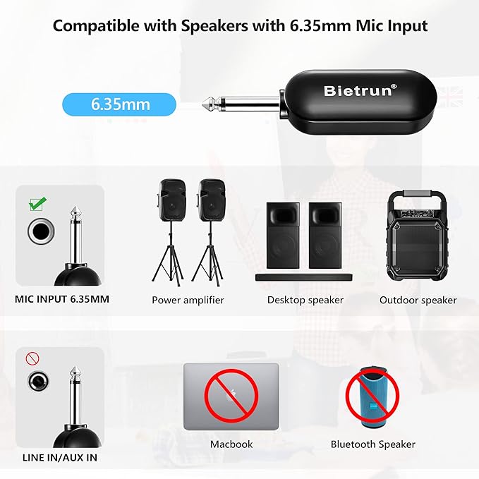 Bietrun Wireless Microphone Headset with 1/4''Plug, 165ft Range, UHF Wireless Headset Mic & Handheld Mic 2 in 1, for Karaoke Speaker, Amplifier, Speakers, PA System, Teaching, Fitness (Black)