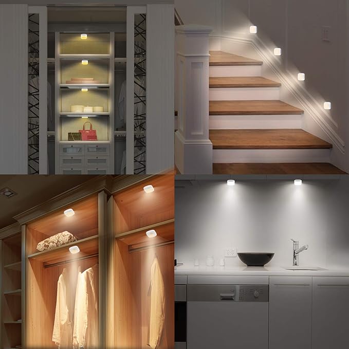 LUXSWAY Battery Push Light with Remote, Wireless LED Puck Light, Dimmable Stick-on Tap Light for Closet, Warm/Nature White Under Cabinet Lighting,Timer Off and Dimmable - (Warm White 4Pack)