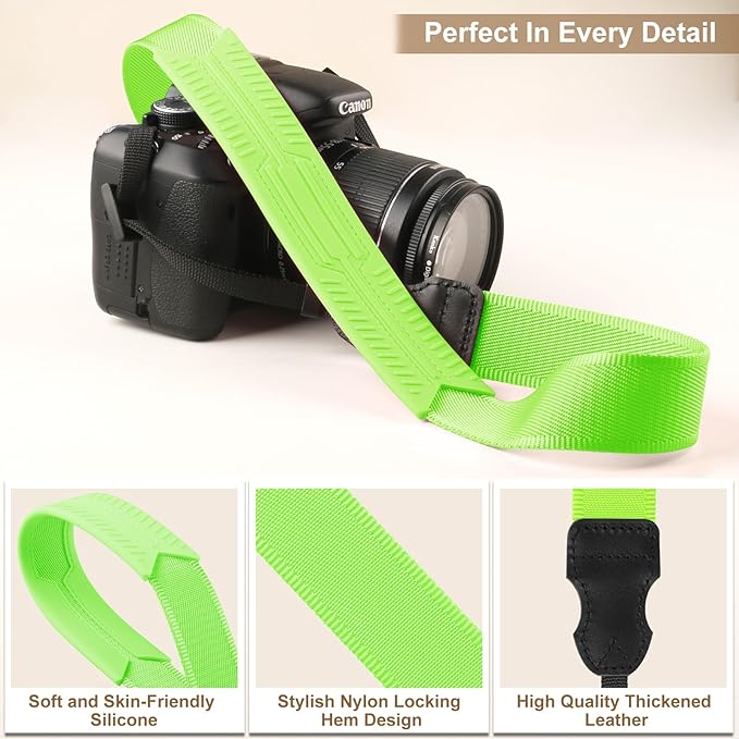 Neck Strap Silicone Camera Straps - Padded Camera Strap, 1.5" Wide Adjustable Nylon Shoulder Strap - Compatible with Canon, Nikon, Sony, and More DSLR and Mirrorless Cameras (Fluorescent Green)