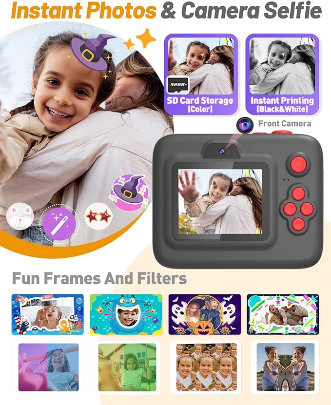 Kids Camera Instant Print, Dual-Lens Front Rear Selfie Camera for Kids, Christmas Birthday Gifts Toys for 3-12 Year Old Boys Girls, 2.4in Screen 1080P Kid Digital Cameras with 32G Card