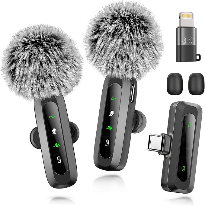 Wireless Microphone Mini Mic for iPhone/Android Phone, LED Display Lavalier Microphone for Video Recording Clip on Lapel Lav Mics Vlog YouTube TikTok