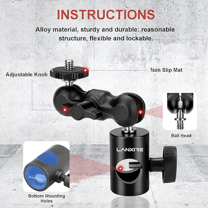 Lanxire 1/4" Screw Mount Adapter (2 Pack) with Dual Joint Tilt for C Stand Boom Arm, Mount Converter with Double Ball Head, for Flash Bracket Photography Light Stand Overhead Camera Mount, 0213