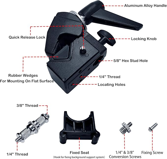 Super Clamp for Round Pipe Flat Surface,for Photography Studio Camera And Video Lighting Mounting,Multi-Function Studio Clip Mount (1 x Super Clamp)