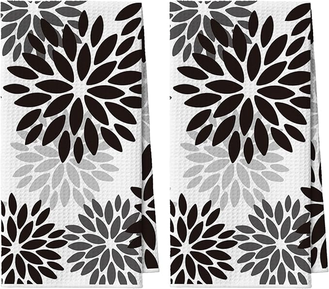 Artoid Mode Black Dahlia Floral Bar Kitchen Towels, 12x24 Inch Quick Dry Microfiber Cloth Dish Towels for Kitchen Drying Set of 2