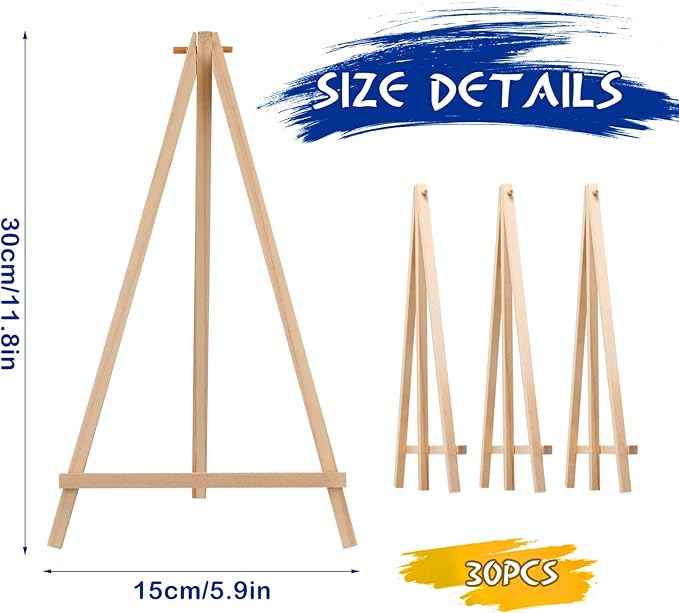 BBTO 30 Pack 12 x 6 Inch Tall Wood Easels for Painting Wooden Easels Bulk Small Art Craft Painting Easel Stand Tabletop Display Triangle Easel Art Craft Tripod for Artist Adults Student Birthday Party