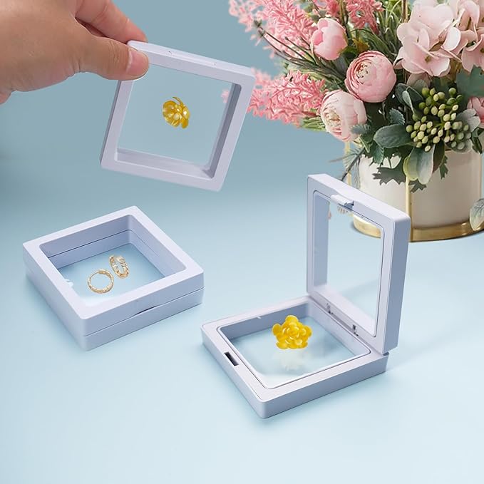 64 Pcs Floating Frame 3D Transparent Plastic Display Stand with Clear PE Film for Coin Jewelry Medallion Shells Small Collectibles Display Case