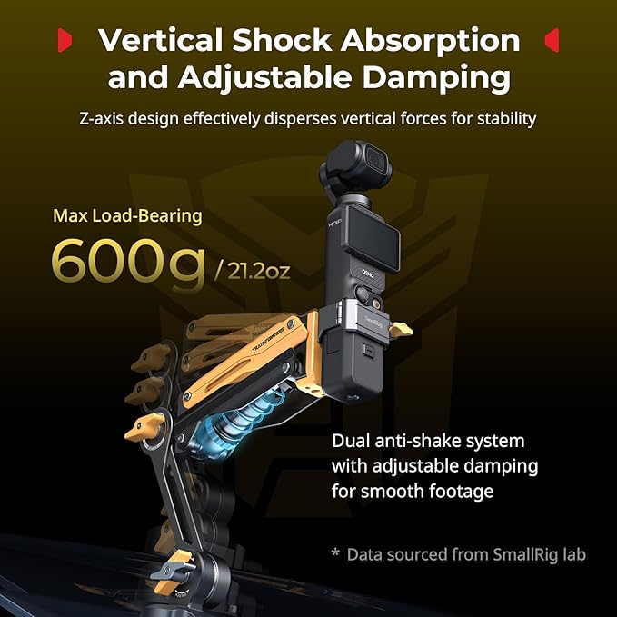 SMALLRIG Mini Shock Absorber Arm, 4" Vacuum Suction Cup, Double Spring and Hydraulic Damping, Car Mount for DJI Action 6/5 Pro/Pocket 3, for GoPro Hero 13/12, for Insta360 X5/4(Bumblebee Edition)-5528