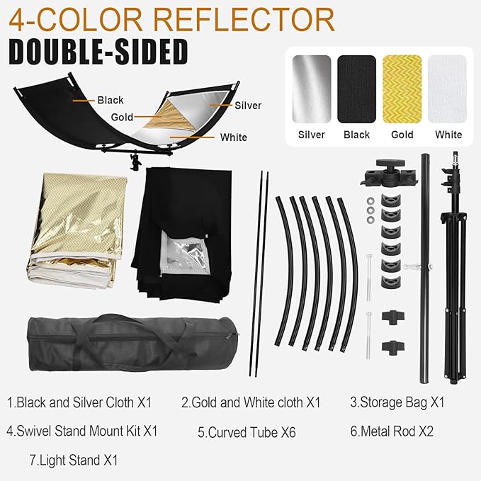 Clamshell Light Reflector Diffuser with Stand and Carrying Bag, 70"x24"/180x60cm Arclight Curved Lighting Reflector for Photo Studio Photography with White/Gold/Silver/Black Colors by MCCKLE