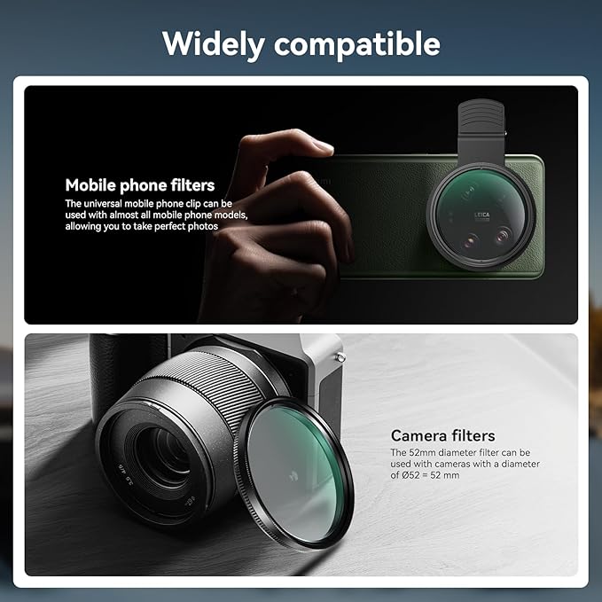 APEXEL CPL 52mm Circular Polarizer Polarizing Filter for iPhone/DSLR for iPhone Camera Lens 16 15 14 13 12 Pro Max Samsung Galaxy Huawei with Adapter Ring, Universal Clip
