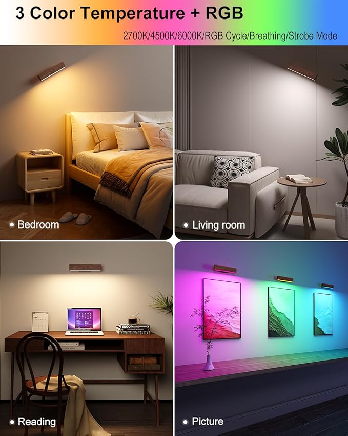 Rechargeable Wood Wall Sconce with Remote & Touch, 5200mAh Battery Operated Wall Lights 3 Color Temperatures & RGB. Magnetic, Stick-On, Dimmable Wall Reading Lamp for Bedroom, Living Room, Picture