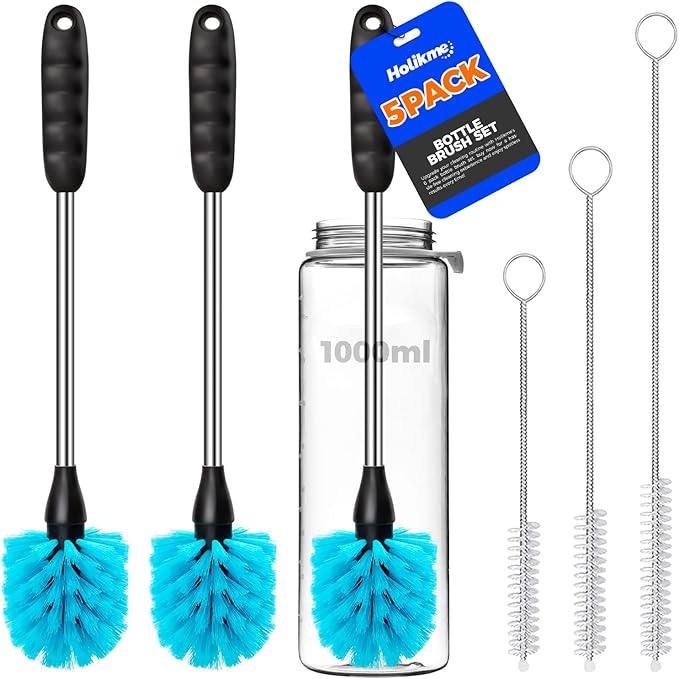 Holikme 5 Pack Bottle Brush Cleaner Set, 14" Long Handle Stainless Steel Bottle Cleaner Brush, 3 Straw Brushes, Bottle Cleaning Brush for Water Bottle, Cups, Baby Bottle, Straws Blue