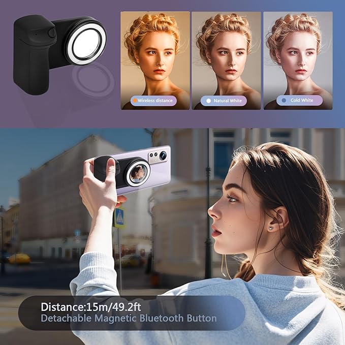 Selfie Phone Tripod Mount with Fill Light,4-in-1 Magnetic & Phone Clip Camera Grip Handle Holder with Detachable Remote Shutter with Cold Shoe Adapter for iPhone 15 16 Samsung Video Shooting