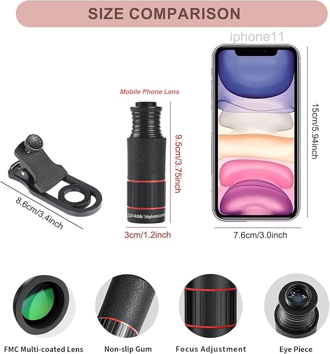 32X Telephoto Phone Lens, High Power HD Lens Attachment with Adjustable Tripod & Universal Clip, Compatible with iPhone Android, Ideal for Bird Watching, Concert, Outdoor Photography