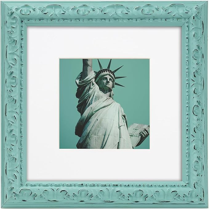 8x8 inch Distressed Wood Embossed Scroll Motif Vintage Antique Rustic Picture Frame, White Mat for 5x5 in Photo, Art Print Drawing, Wall Hanging or Desktop Display-Turquoise Blue