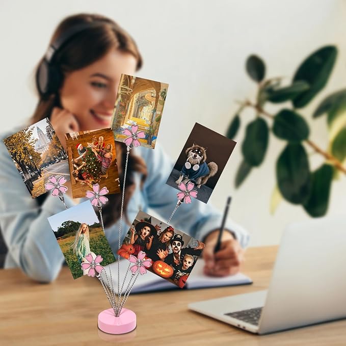8 Branch Photo Tree Clip, Flexible Photo Frame Stand with Clips for Note Paper Wedding Photo Display Office Decoration (Pink)