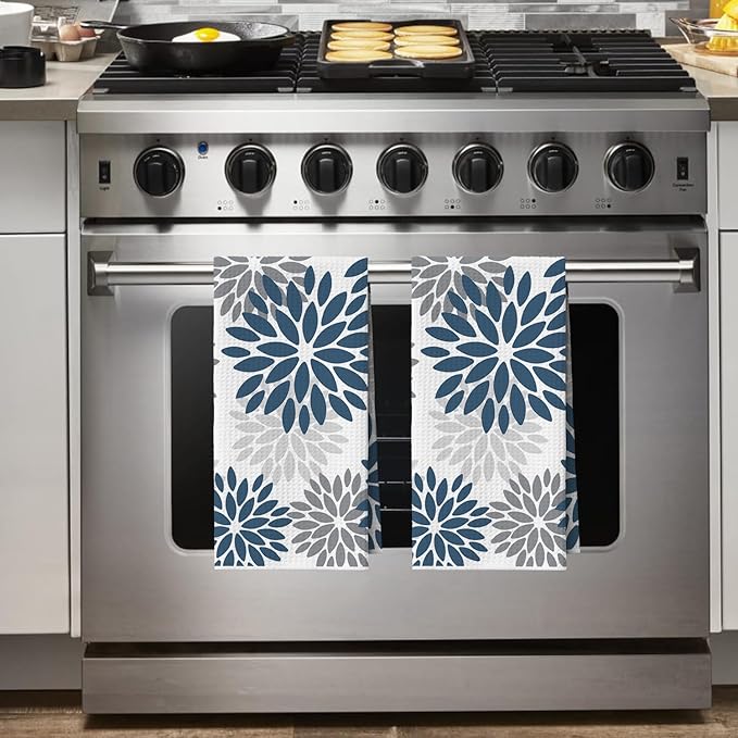 Artoid Mode Aqua Dahlia Floral Kitchen Towels Dish Towels, 18x26 Inch Quick Dry Microfiber Cloth Hand Towels for Kitchen Drying Set of 2