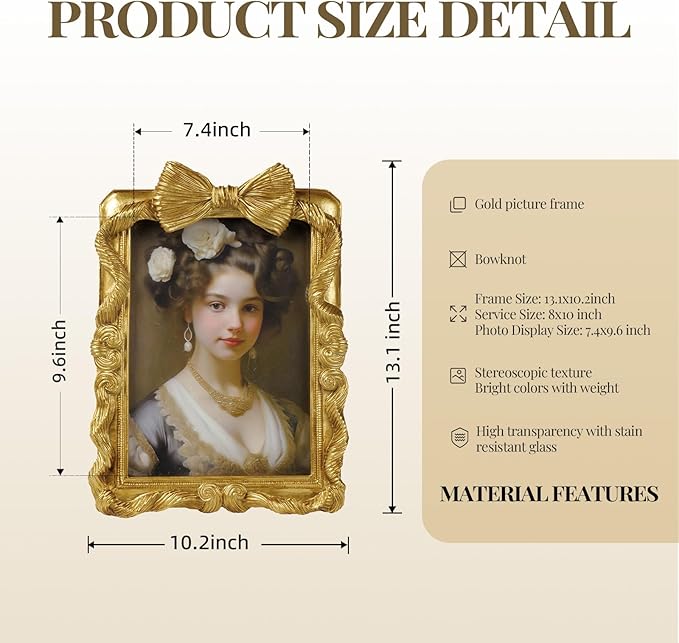 8x10 Picture Frame Gold Bow Frames, Vintage 8 by 10 Photo Frame with Bowknot Design, Ornate Handcrafted Resin Antique Frame with Glass Front for Wall and Tabletop Display, Home Decor, Gift Ideas