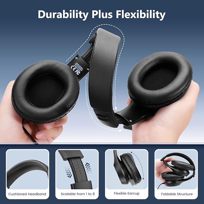 USB C Wired Over-Ear Headphones, Corded Stereo Headsets with Microphone, Volume Control, Comfortable Fit Foldable Headphone for iPhone 15/16/17, Samsung, Laptop, Tablets, Travel(Black)