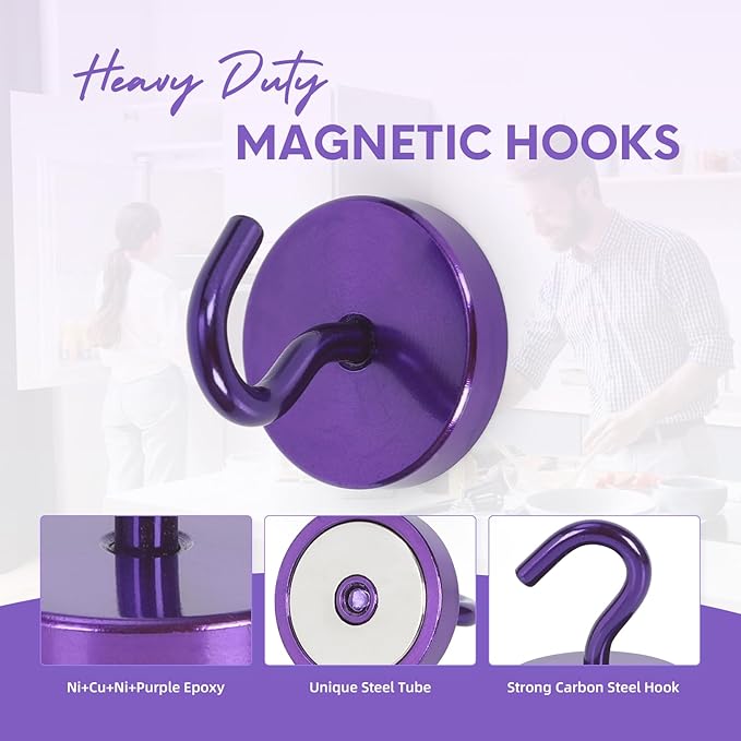 Neosmuk Magnetic Hooks, Cruise Ship Essentials, 130lb+ Heavy Duty Magnetic Hooks for Cruise Cabins, Refrigerator, Grill, Hanging, and Travel | Extra Strong Must-Haves Magnet Hook,Purple
