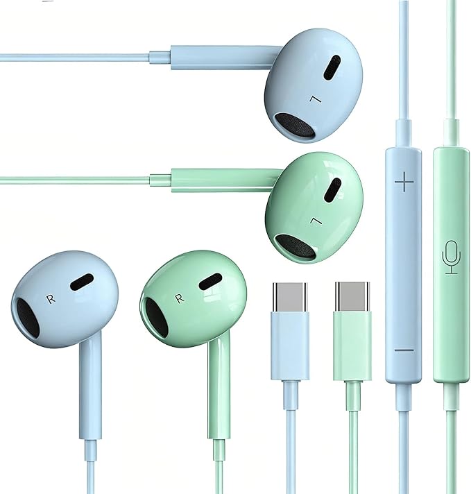 2 Packs USB C Headphones，Type C for iPhone Wired Headphones for iPhone 16/15/17 Earbuds with Mic and Volume Control，Hi-Fi Stereo In Ear Earphones for Galaxy S24/S23~S20/Note 10/20 (Green+Blue)